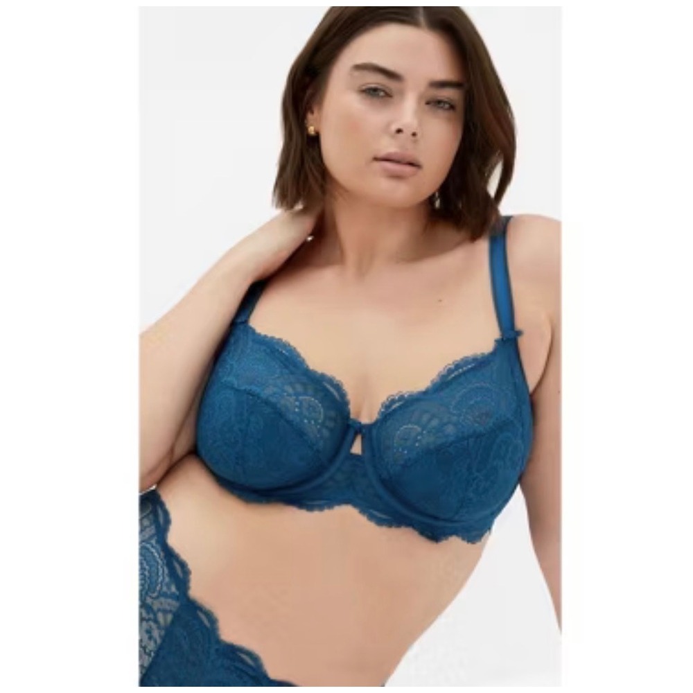 City Chic Boudoir Ophelia Underwire Bra Lagoon Blue Lace Plus Size 46D NEW